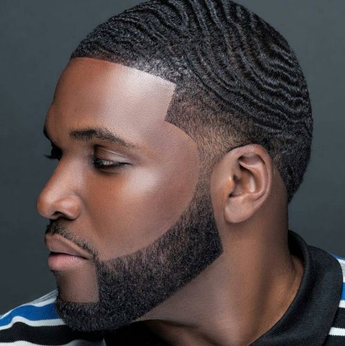 Black Men Beard Styles - Wavy Fade with Geometric Beard